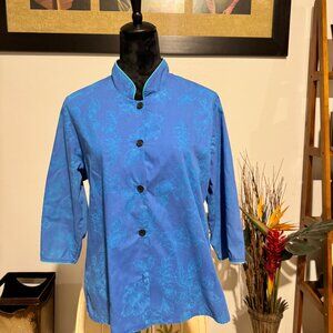 Hawaiian Print Women's Button-Down Blouse Blue 3/4 Sleeve Made in Hawaii Small